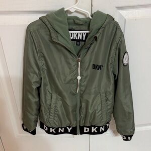 DKNY Kids Olive Green  Jacket with hood and pockets. Jacket is lined.